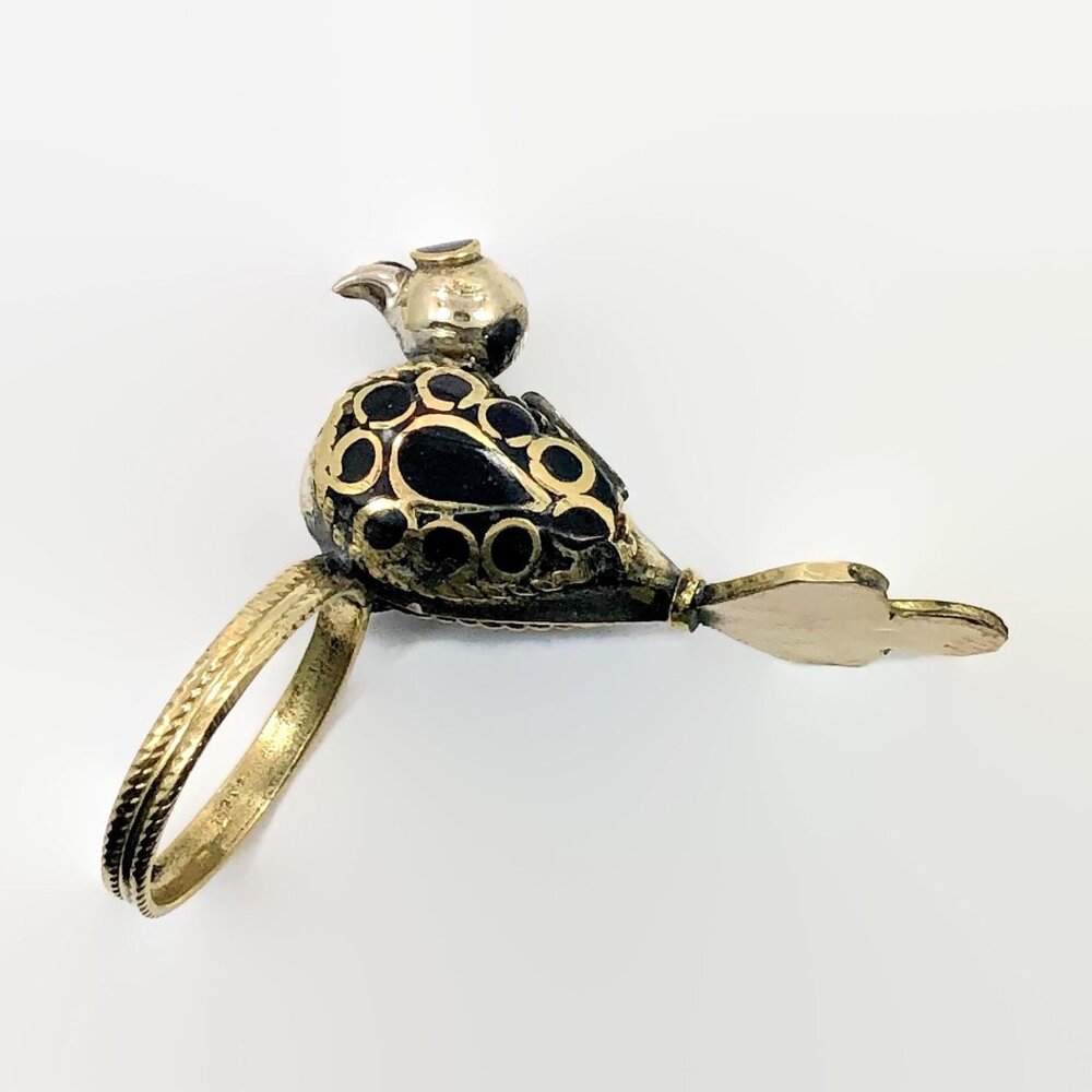 Vintage Bird Ring Afghan: Middle Eastern Black Enameled Brass Silver
